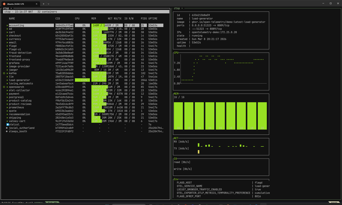 Ctop showing Docker container stats
