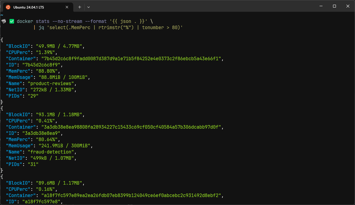 Docker stats showing JSON filtering with jq