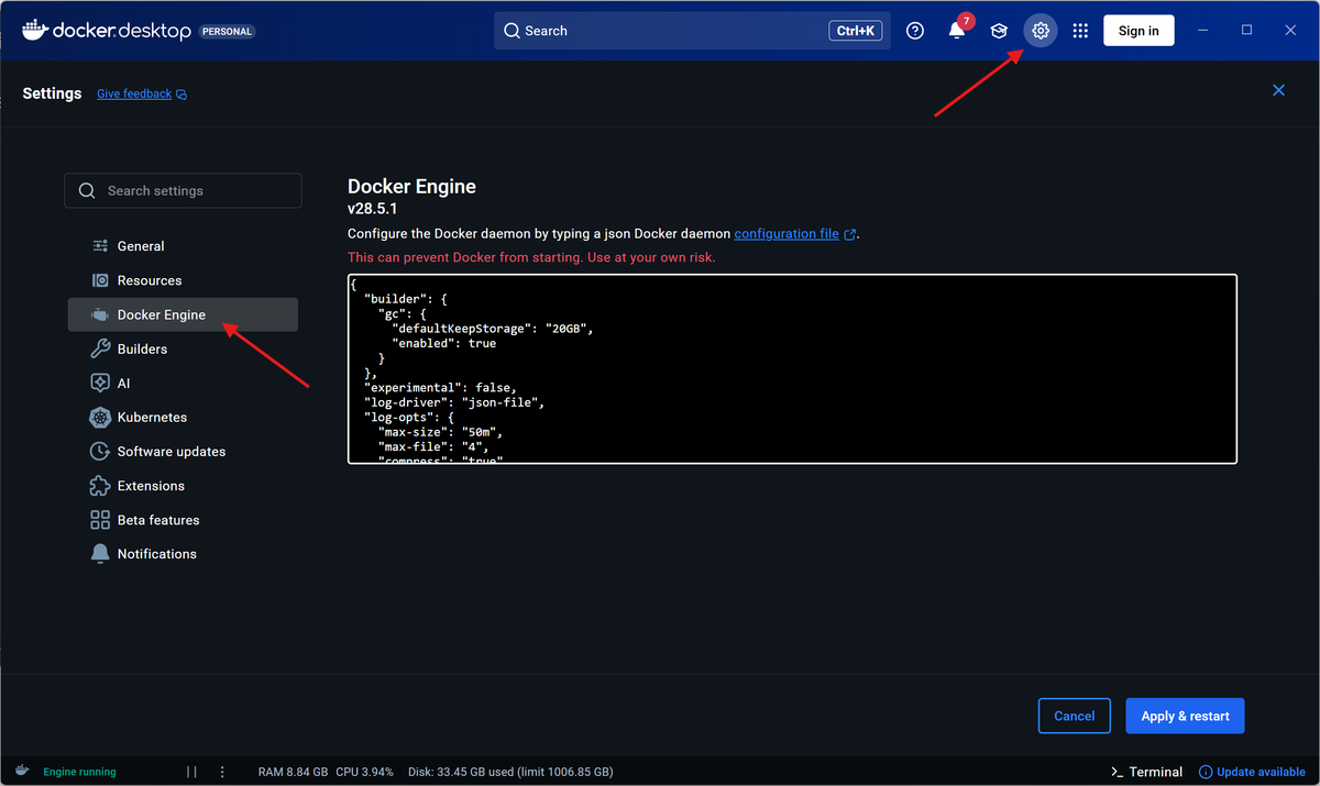 Editing Docker daemon configuration in Docker Desktop