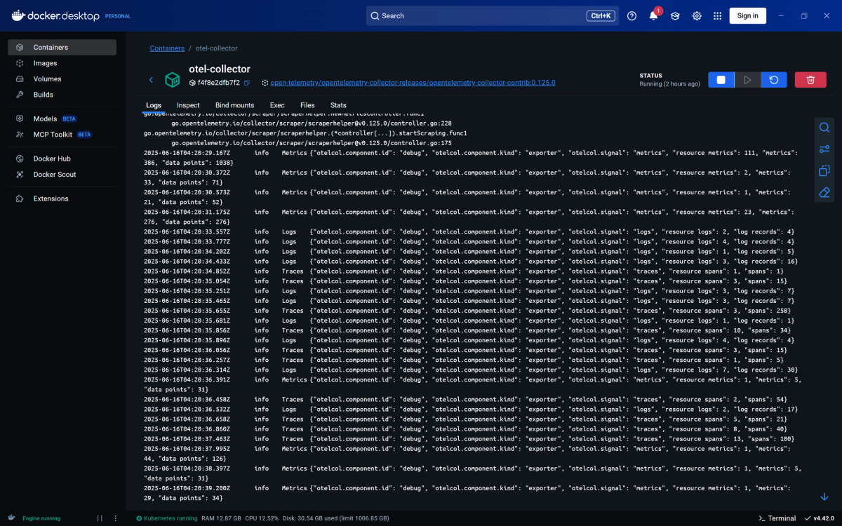 Docker Desktop showing OpenTelemetry Collector logs