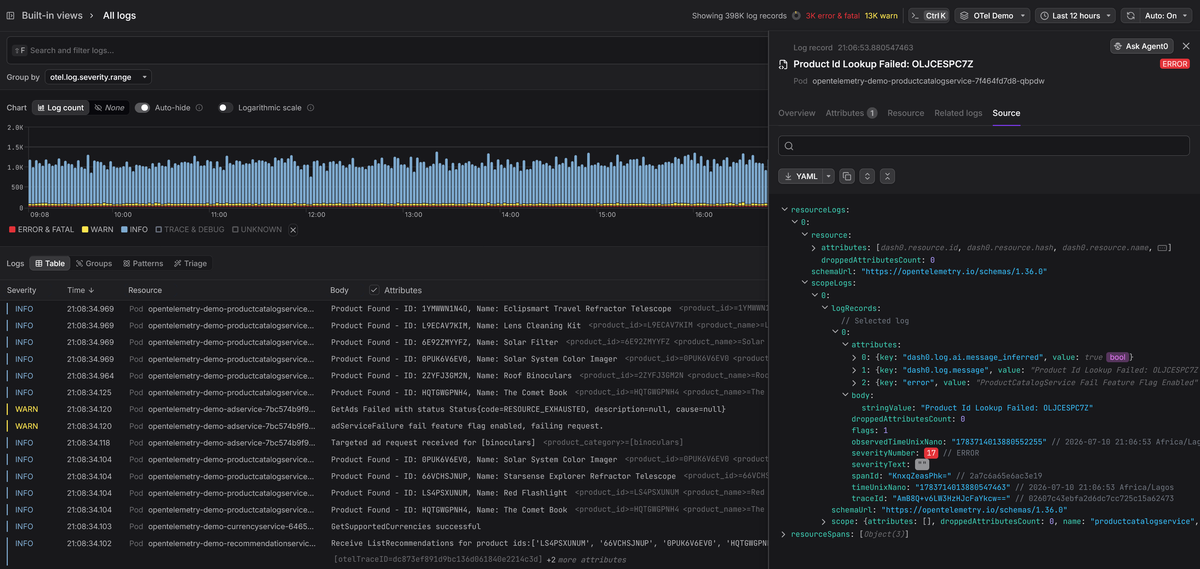 Dash0 logging interface showing native OTLP model