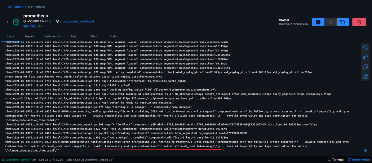 Prometheus shows an error when you send OTLP delta metrics without enabling the otlp-deltatocumulative feature flag