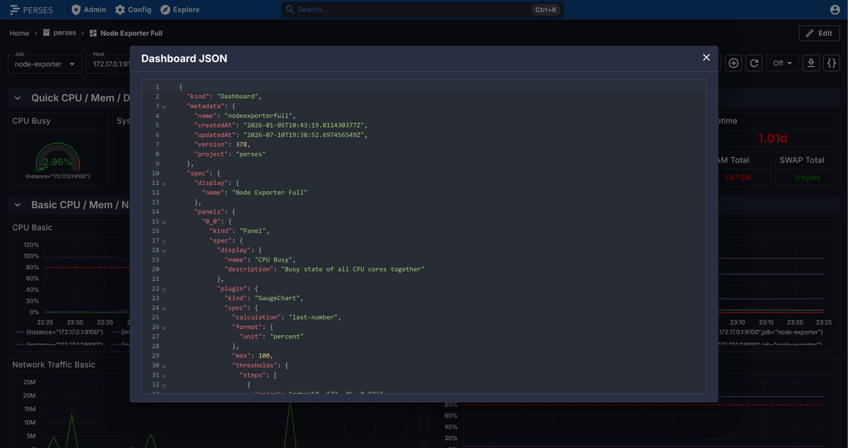Perses showing Dashboard JSON