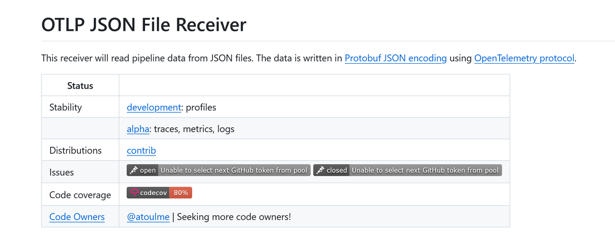 stability status of OTLPJSONReceiver