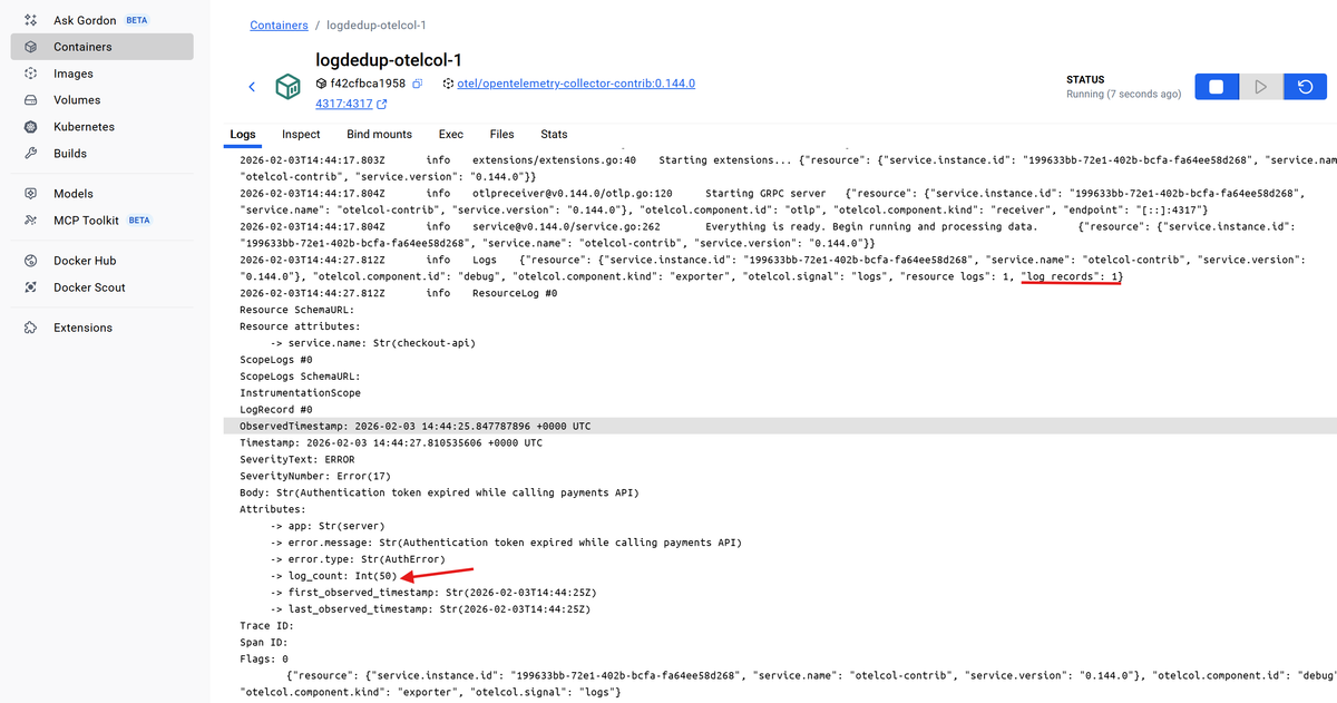 OpenTelemetry logs showing log deduplication effect
