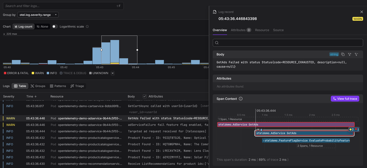 Jumping to the trace from a correlated log in Dash0