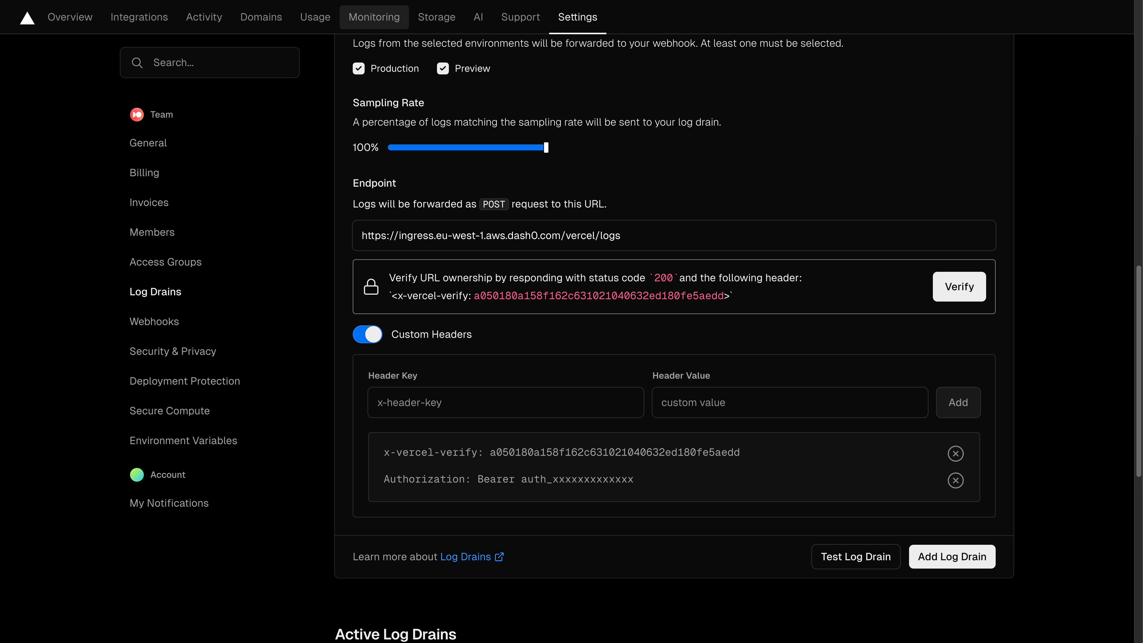 Screenshot Vercel Log Drains Settings Custom Headers