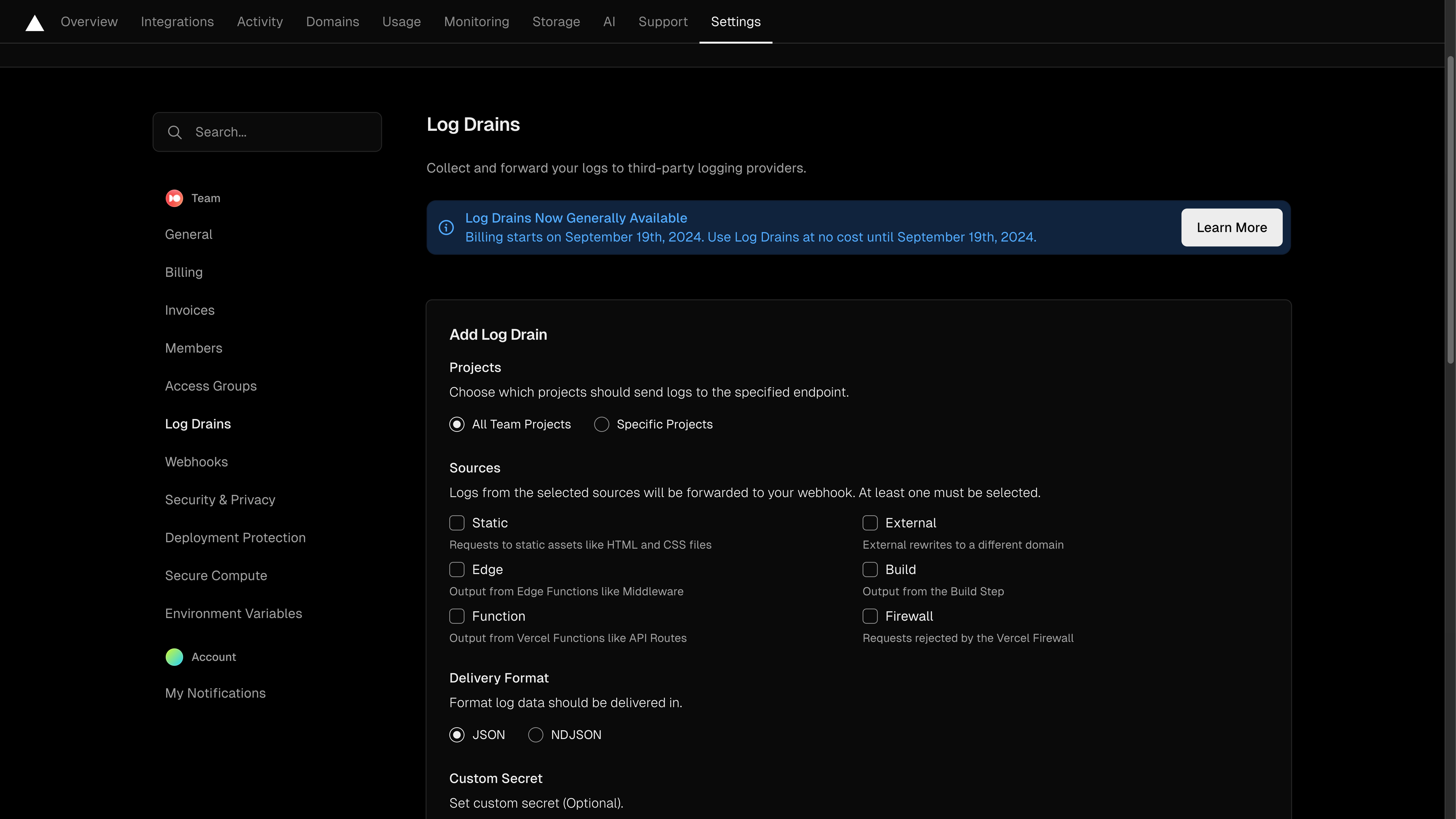 Screenshot Vercel Settings - Log Drains