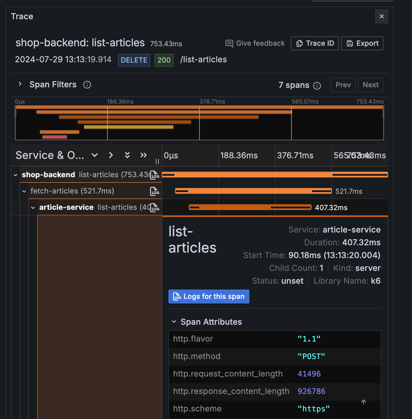 Screenshot: Grafana shows span attributes