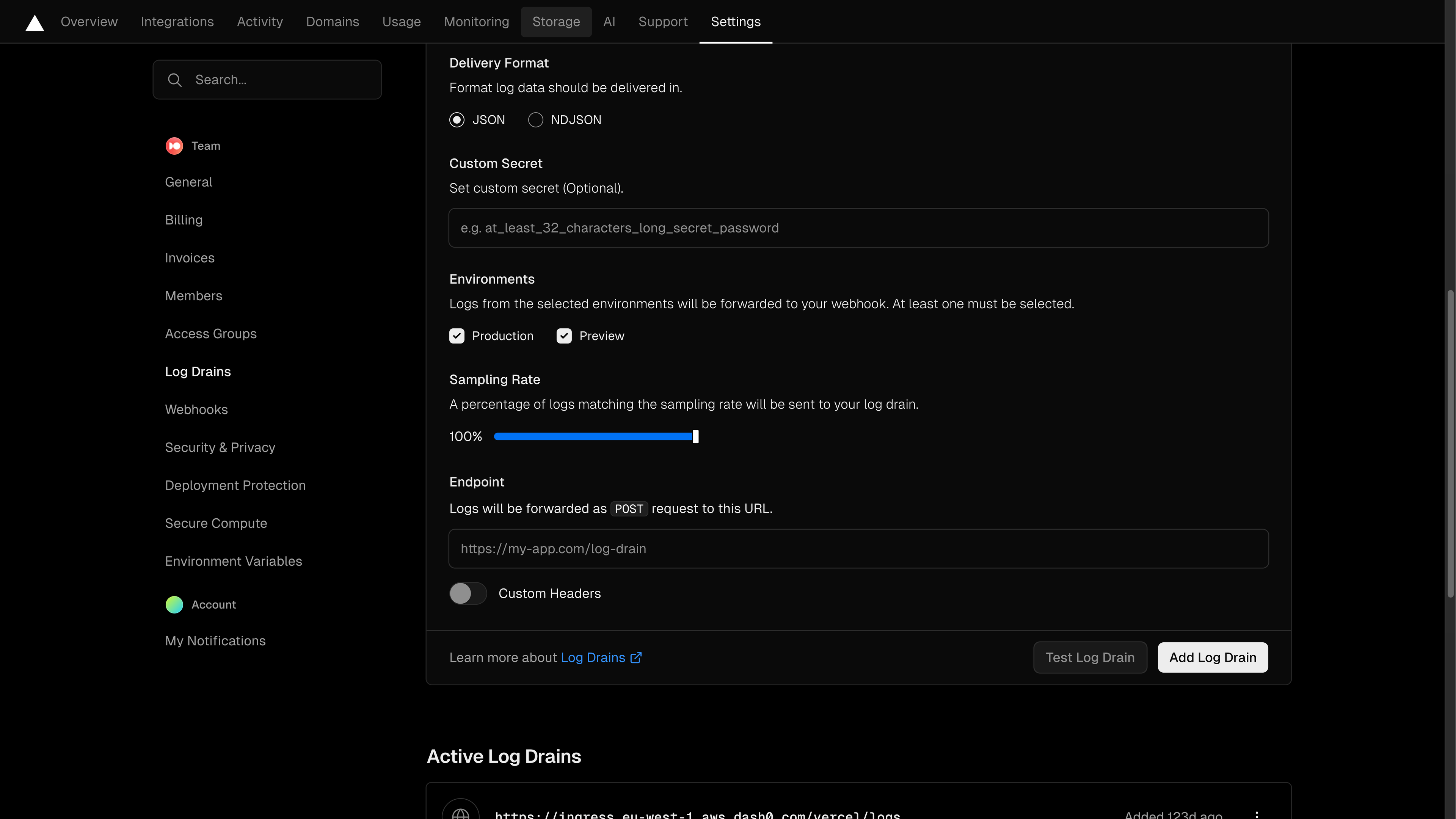Screenshot Vercel Log Drains - Delivery Format