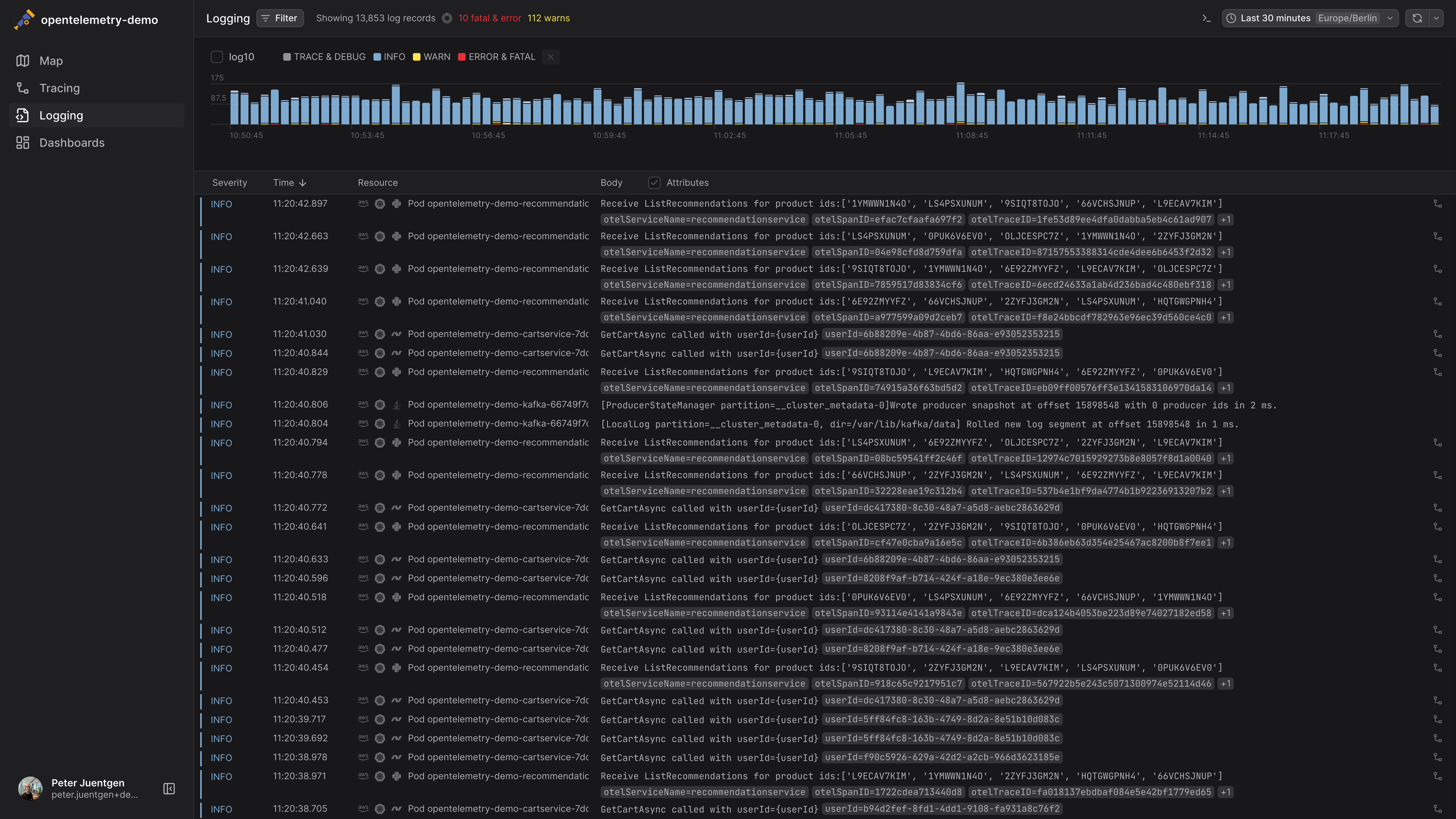 Dash0 Logging Page showing all log records of the last 30 minutes