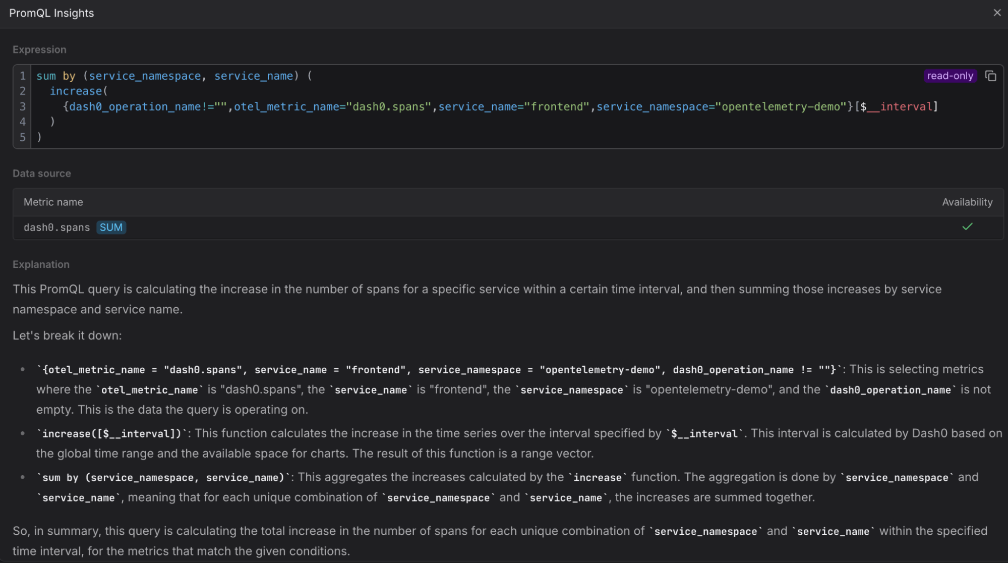 PromQL Insights explaining a PromQL statement to the user.