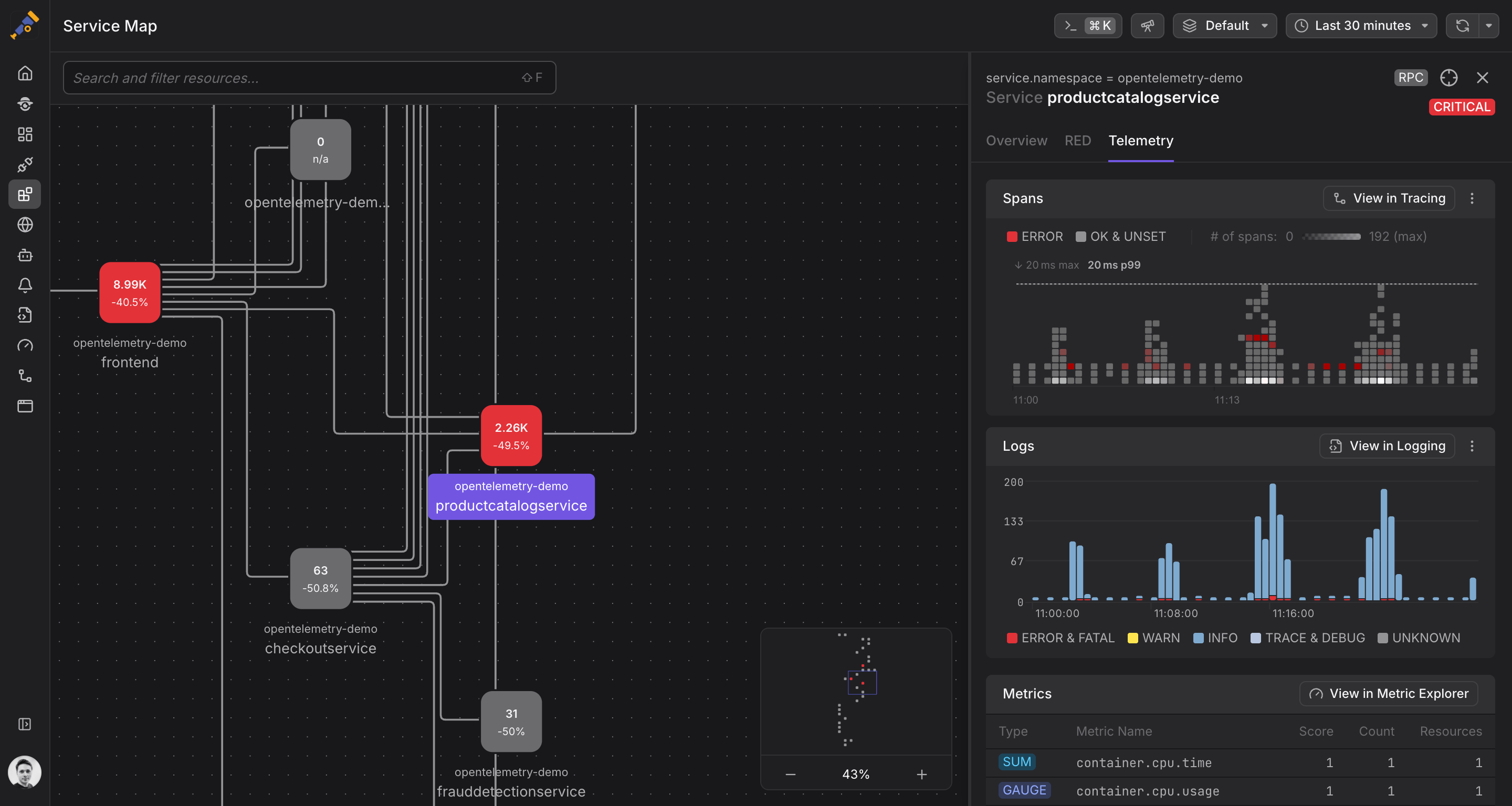 Telemetry at a glance for the productcatalogservice: spot the correlation between requests and logs