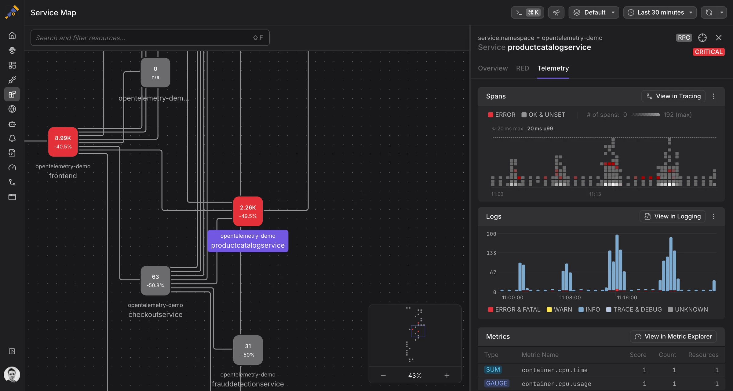 Telemetry at a glance for the productcatalogservice: spot the correlation between requests and logs