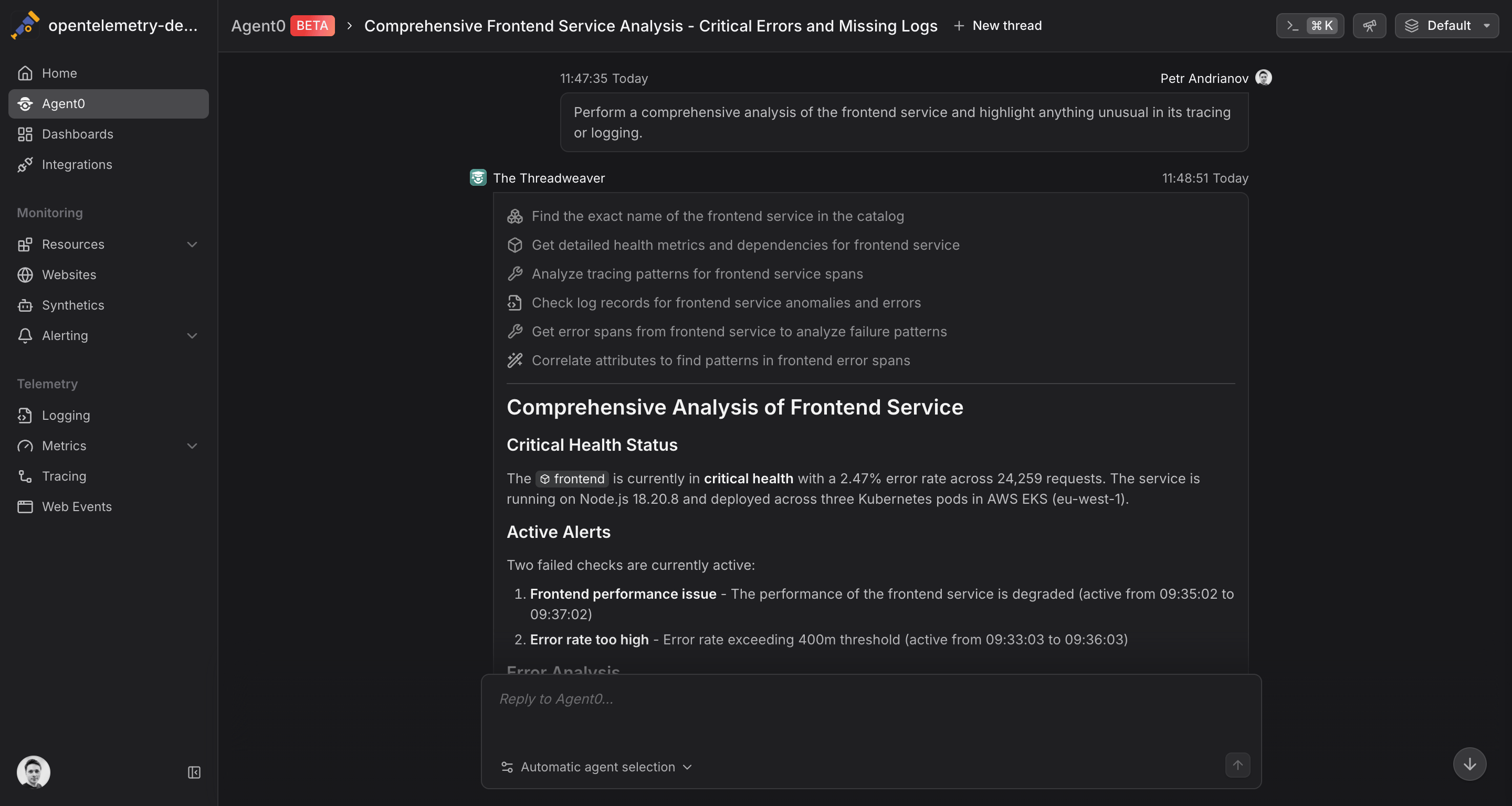 Agent0 goes through logs and spans for the frontend service to identify correlations