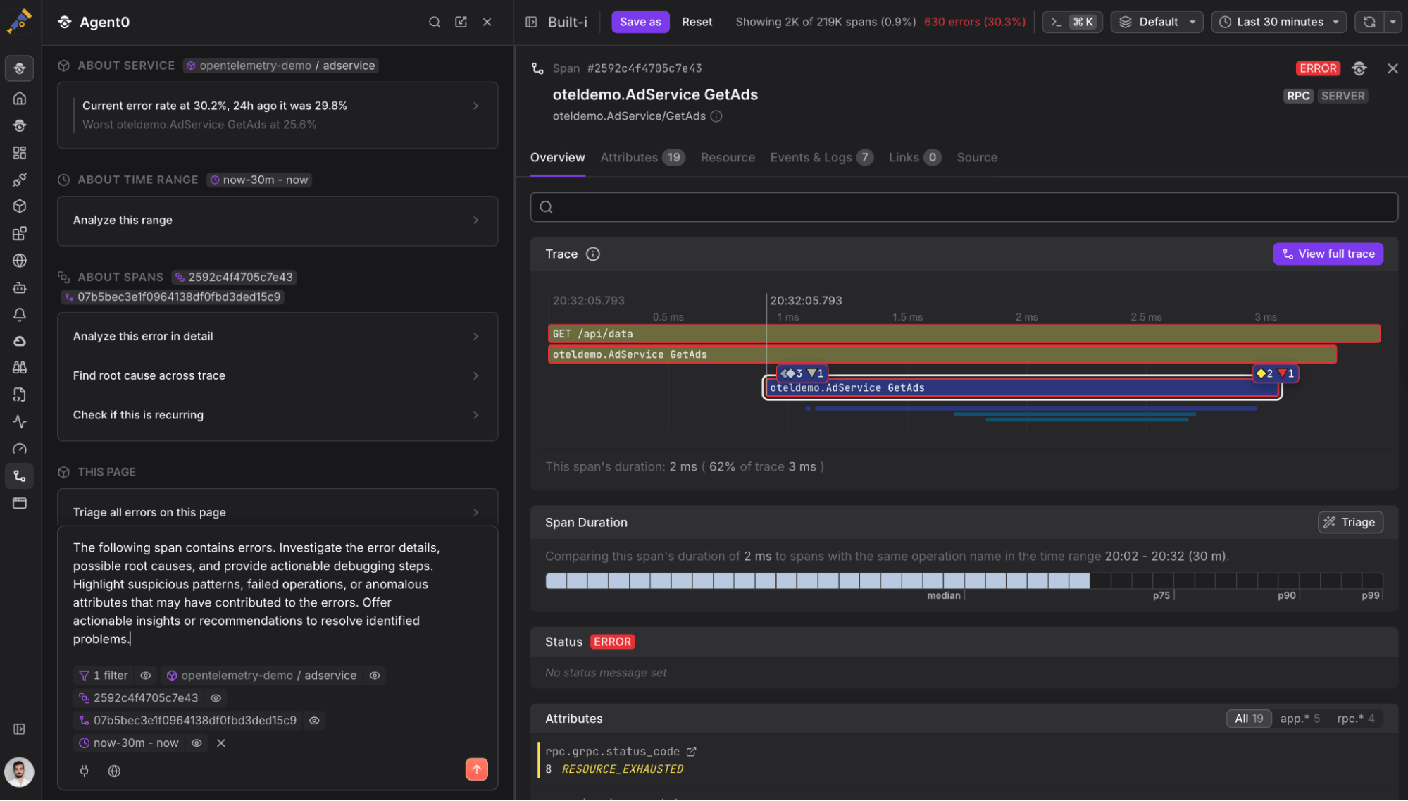 Agent0 sidebar open alongside a Dash0 trace view for adservice, showing a 30.2% error rate. The sidebar offers contextual actions — Analyze this error in detail, Find root cause across trace, Check if this is recurring — directly against the selected error span.
