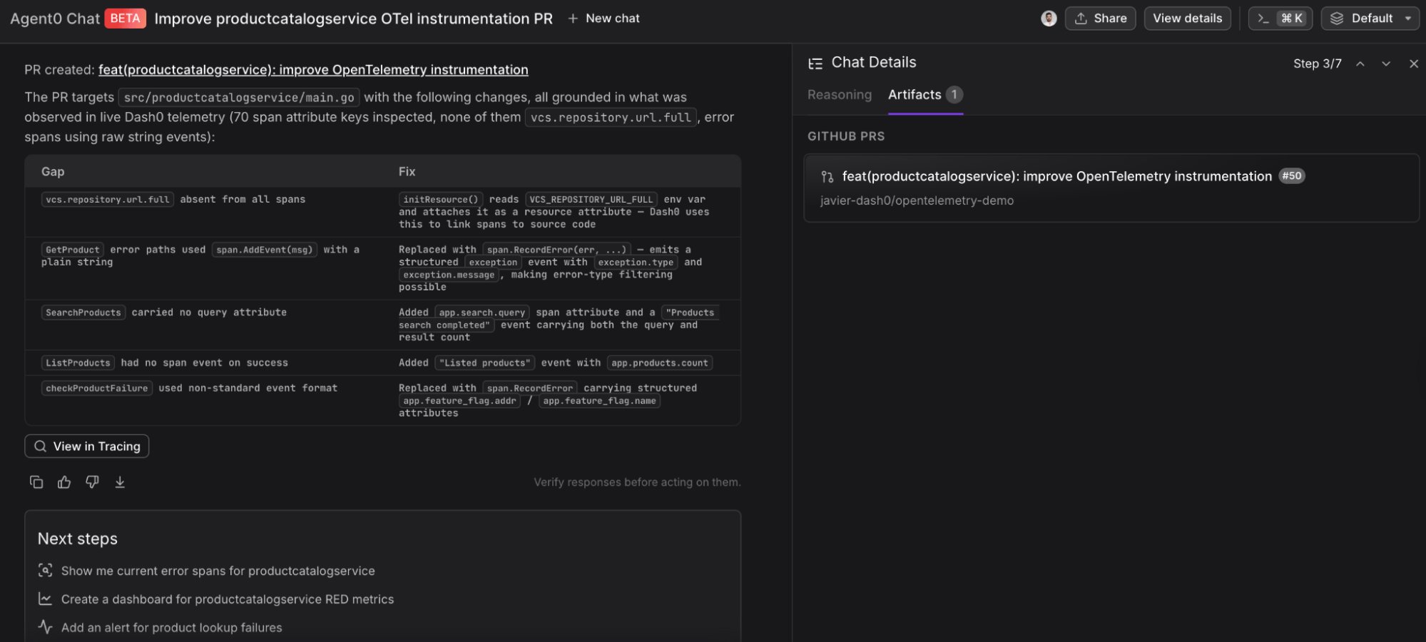 Agent0 Chat showing a completed investigation of productcatalogservice. The response lists five instrumentation gaps found by inspecting live telemetry, each paired with a concrete fix. A GitHub pull request "feat(productcatalogservice): improve OpenTelemetry instrumentation #50" is linked in the sidebar under Artifacts.