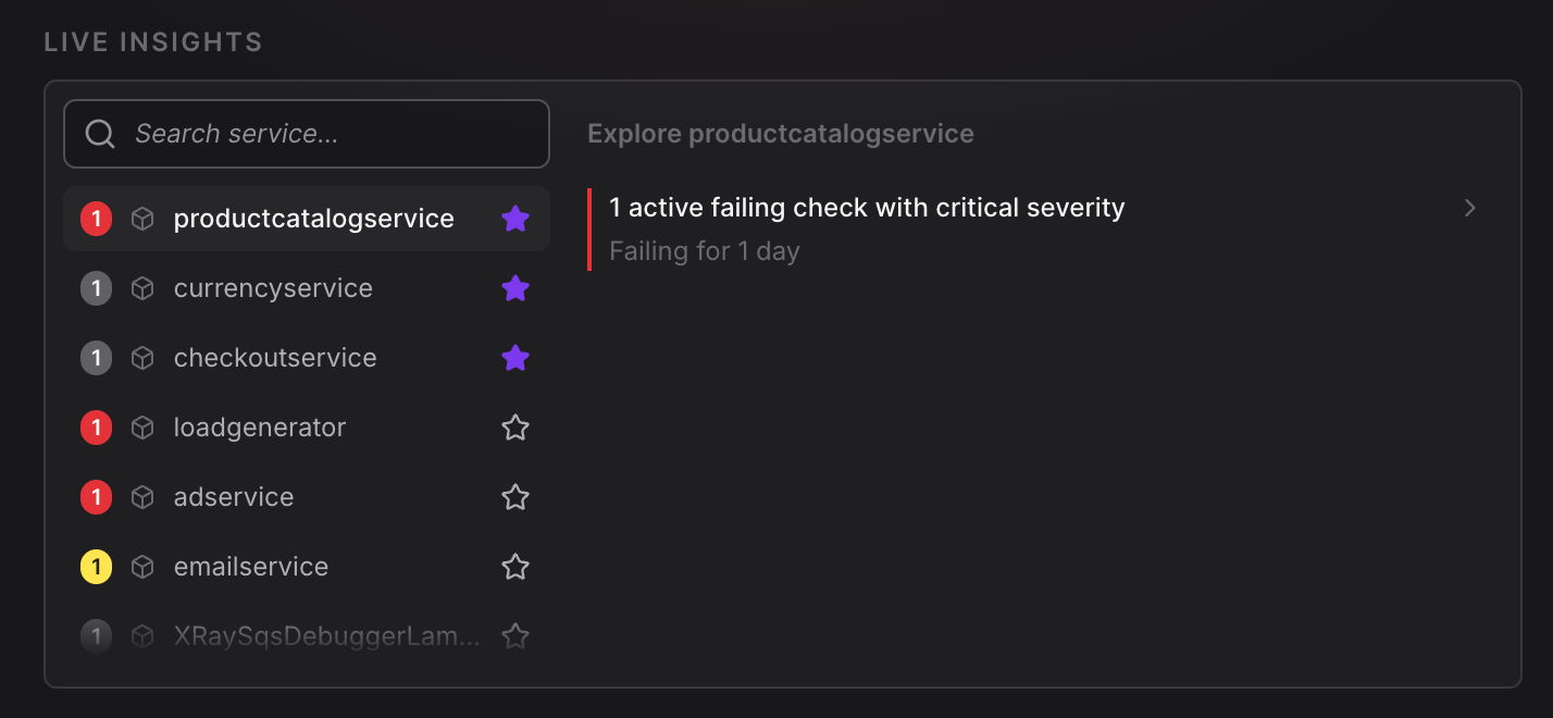 The Agent0 Live Insights panel showing a list of services with active issues. The productcatalogservice is selected, with a detail panel on the right showing "1 active failing check with critical severity, failing for 1 day."