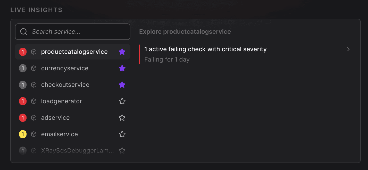The Agent0 Live Insights panel showing a list of services with active issues. The productcatalogservice is selected, with a detail panel on the right showing "1 active failing check with critical severity, failing for 1 day."