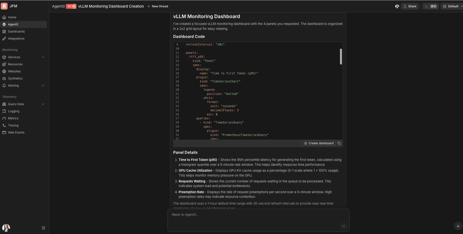 Agent0-generated vLLM monitoring dashboard with latency