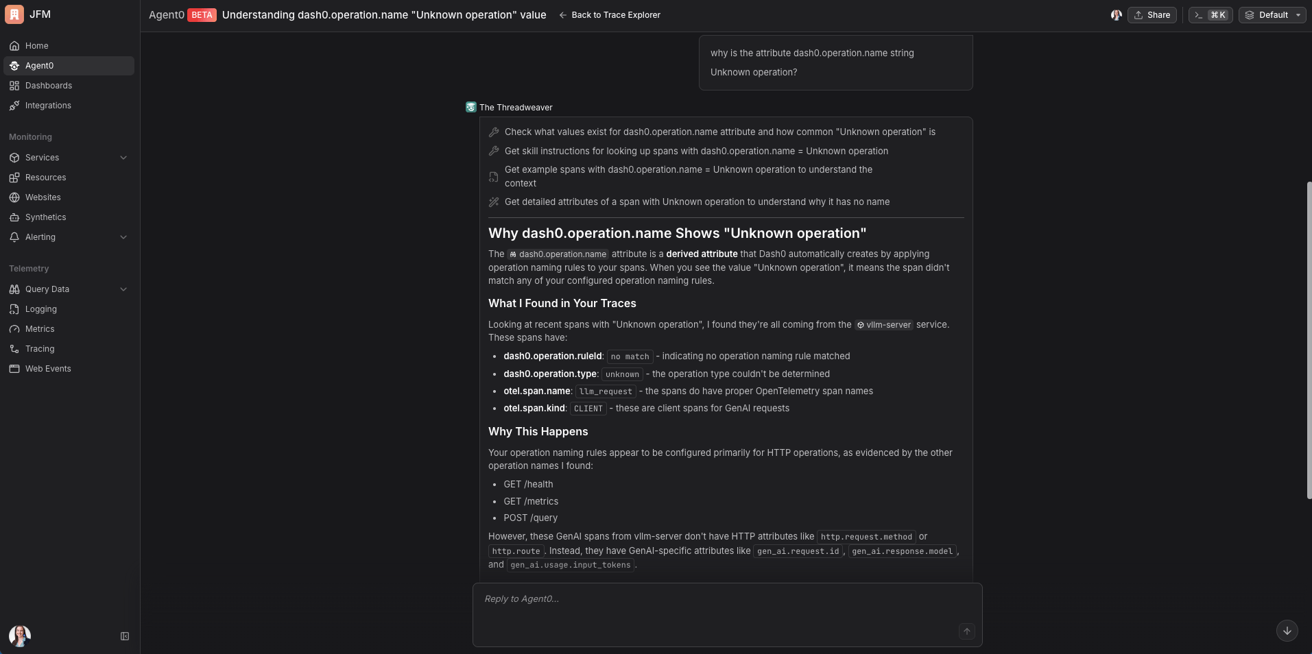 Agent0 response explaining the Unknown operation label on vLLM spans