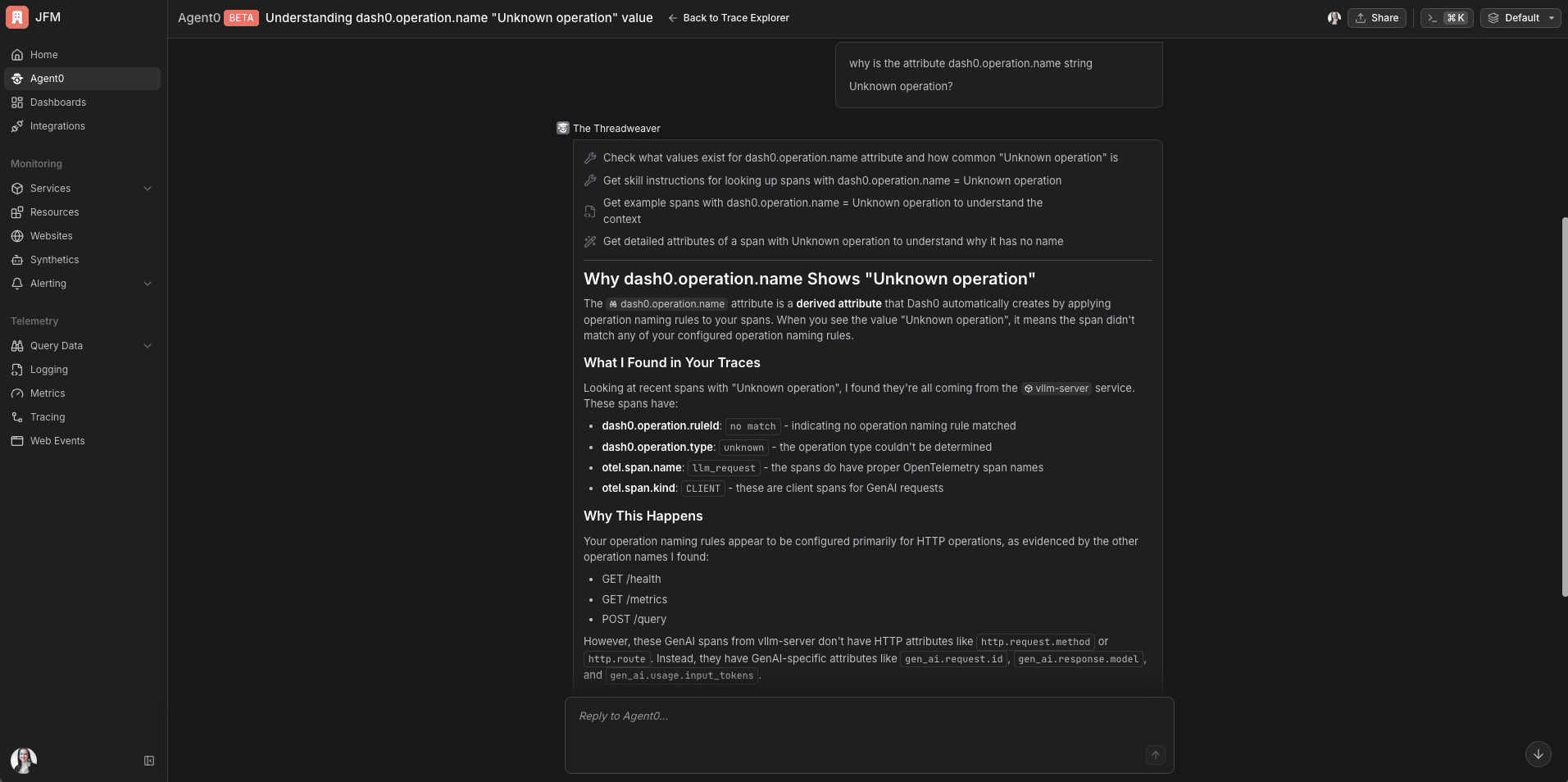 Agent0 response explaining the Unknown operation label on vLLM spans