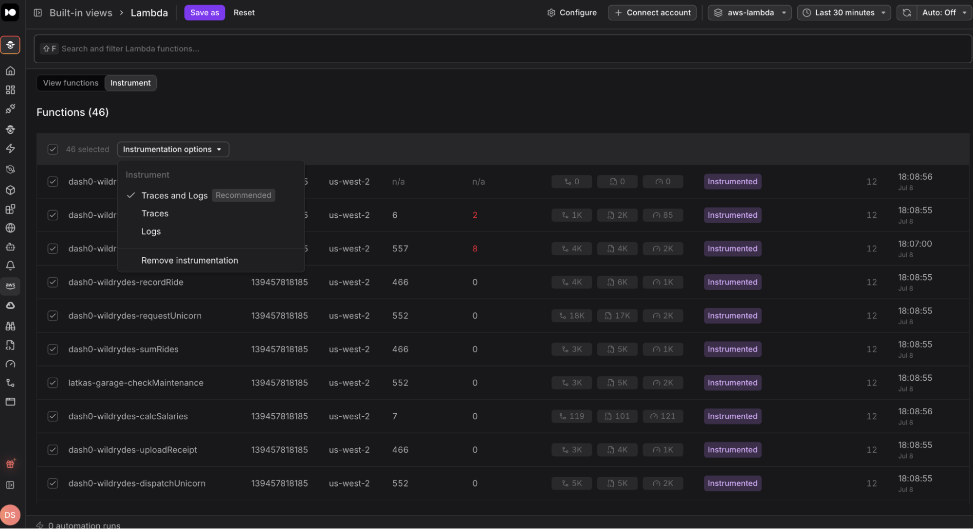 Dash0 Lambda functions list with bulk instrumentation options menu showing Traces and Logs, Traces, and Logs selection