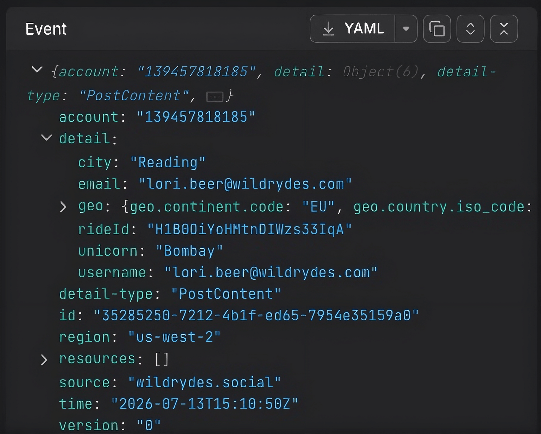 Dash0 trace event detail showing captured Lambda event payload with account, city, email, and rideId fields