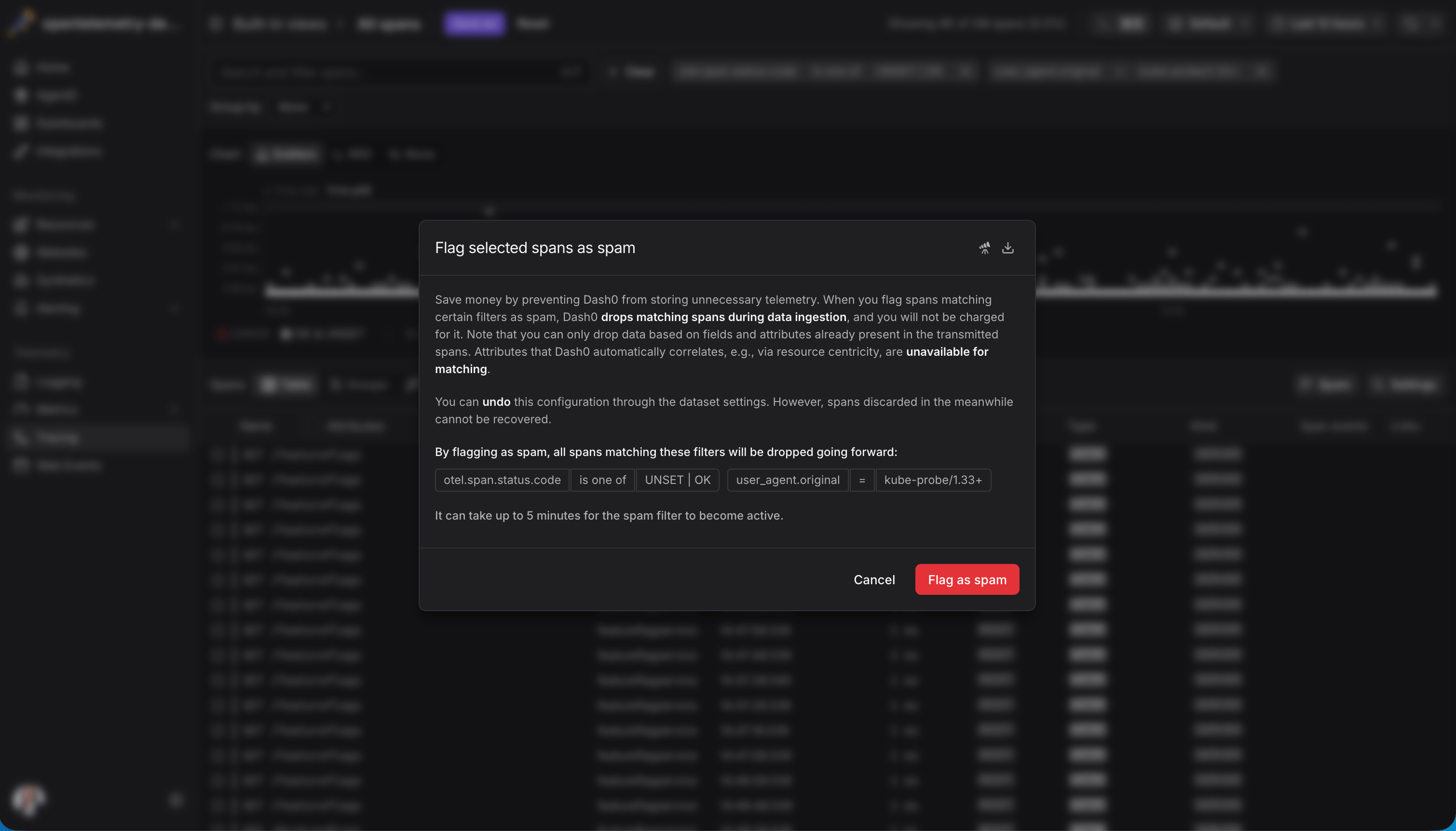 Dash0 dashboard showing option to flag telemetry as spam