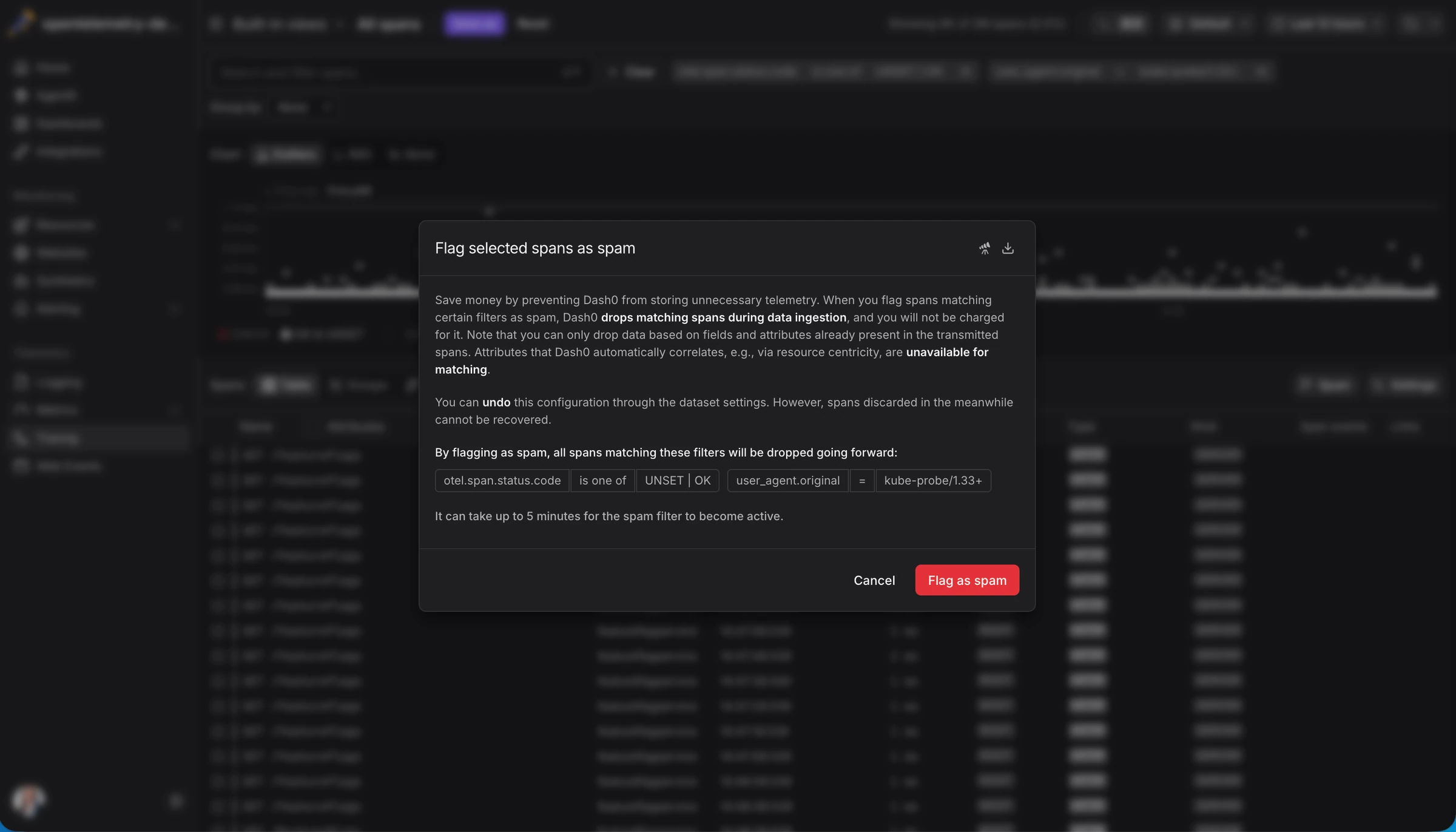Dash0 dashboard showing option to flag telemetry as spam