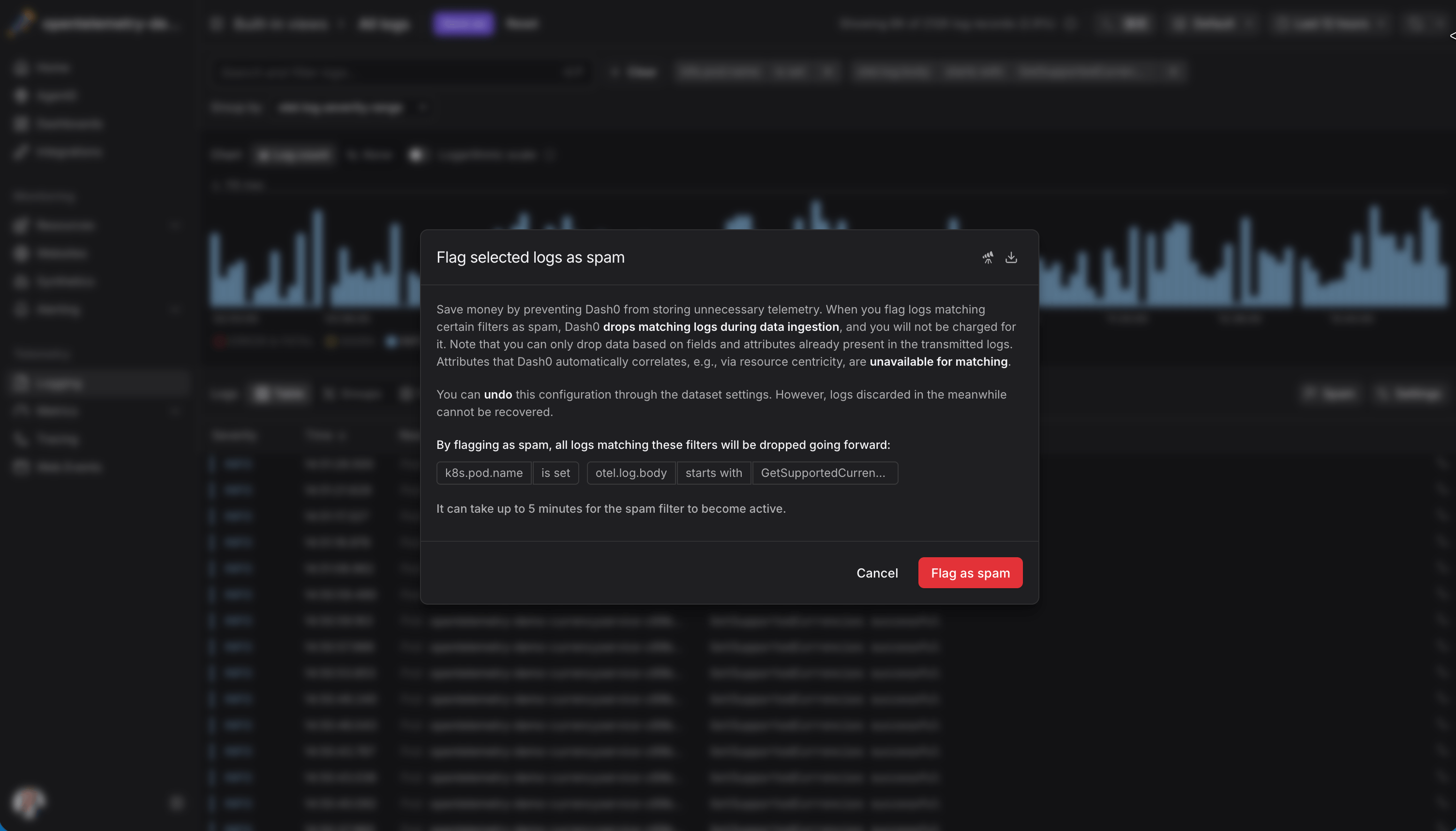 Dash0 dashboard showing option to flag logs as spam