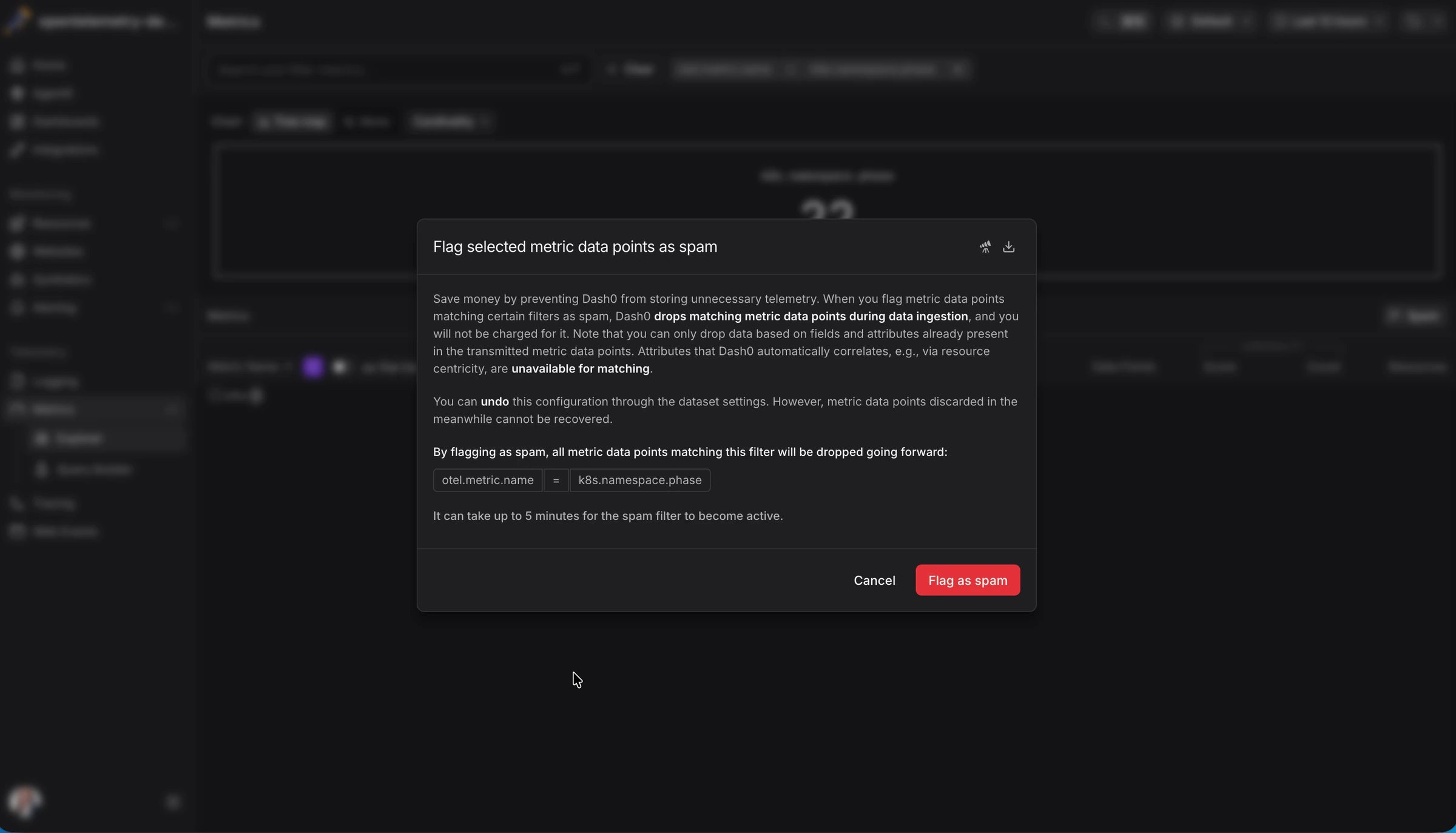 Dash0 dashboard showing the option to flag metrics as spam