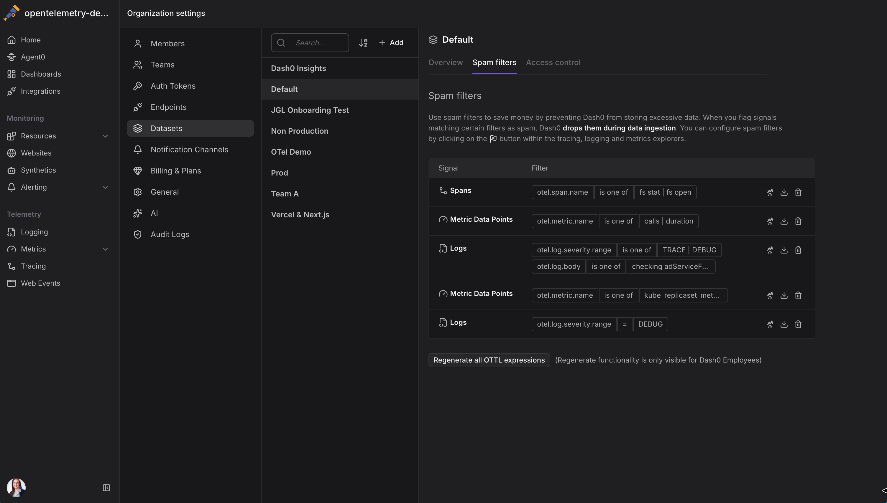 Dash0 dashboard showing spam filter settings