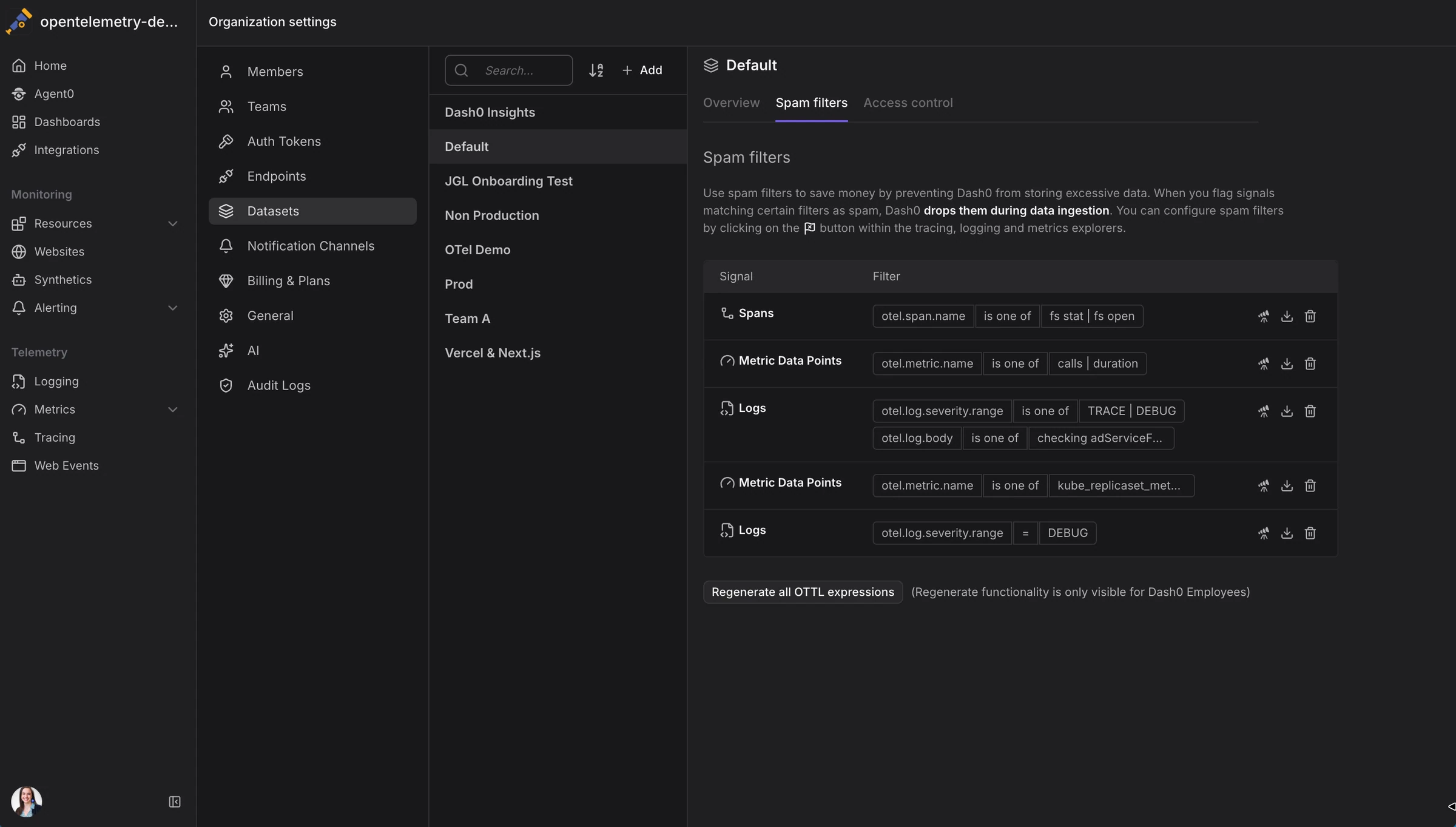 Dash0 dashboard showing spam filter settings