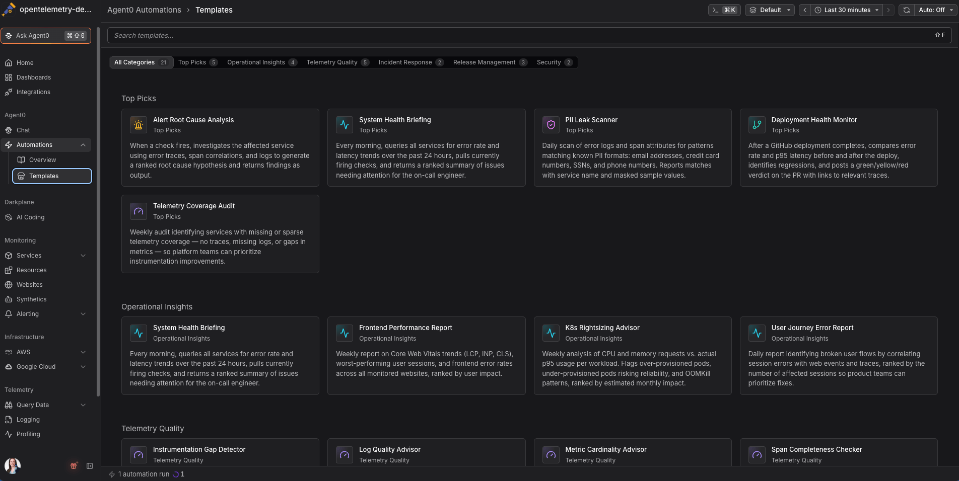 Pre-built Agent0 Automations templates in Dash0