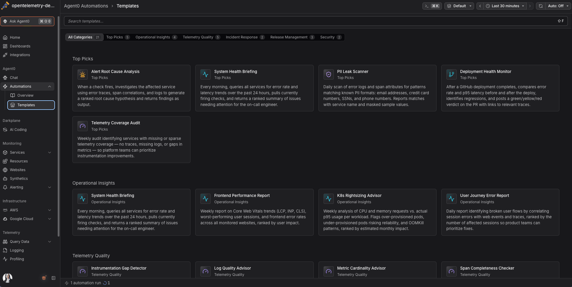 Pre-built Agent0 Automations templates in Dash0
