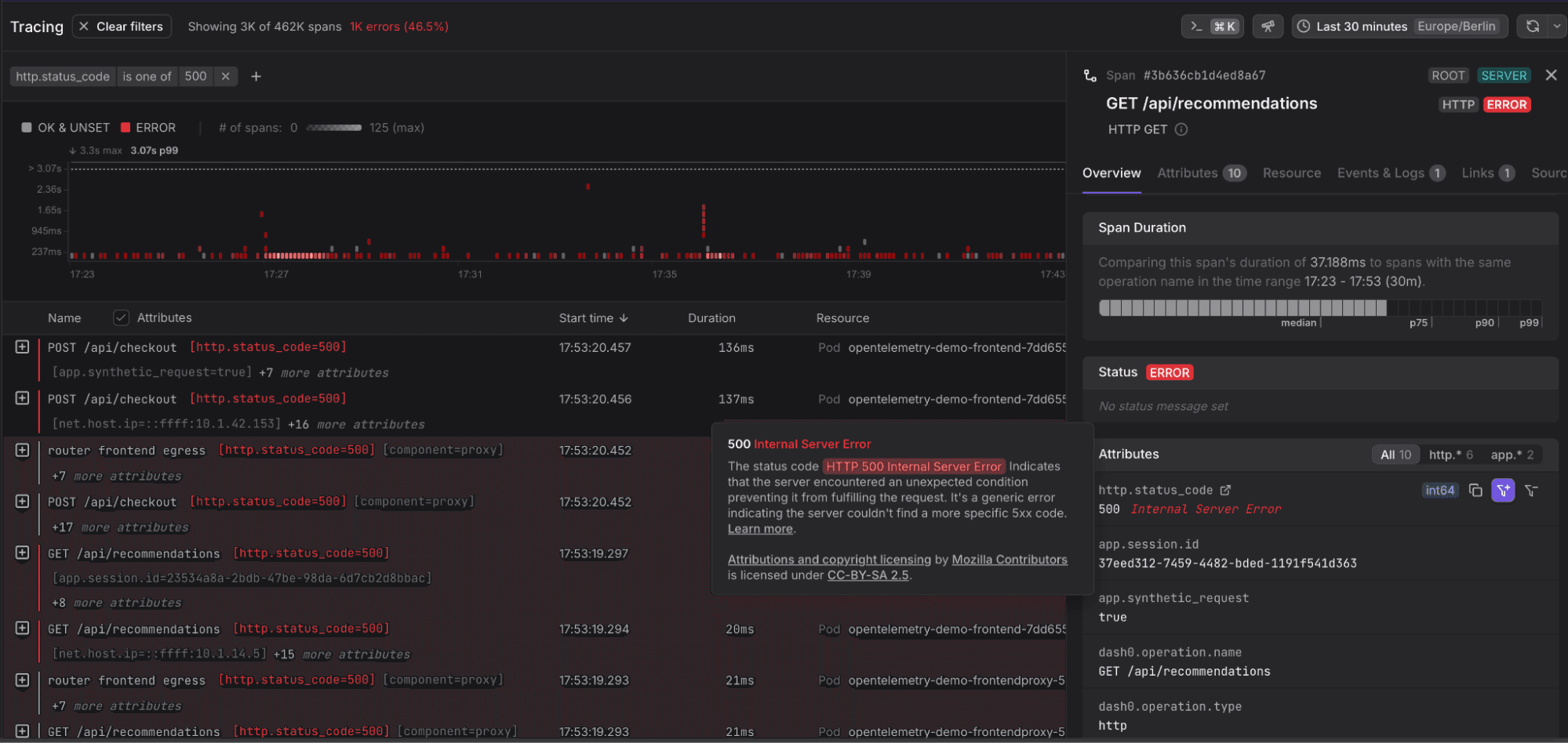 Trace view with highlights for semantic convection attributes and tooltip.