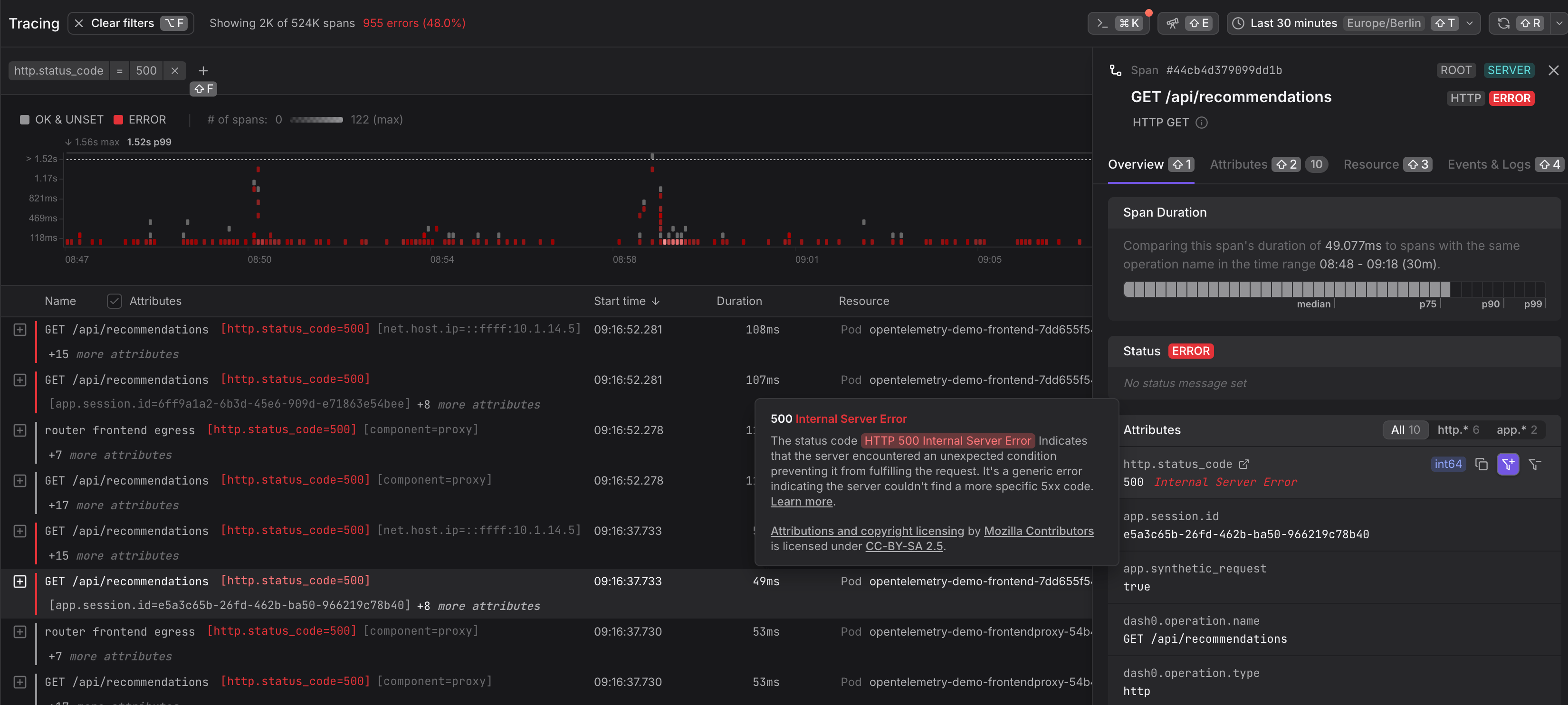 Trace view with highlights for semantic convection attributes and tooltip.