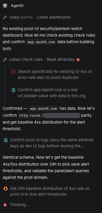 Agent0 building the production dashboard and check rules