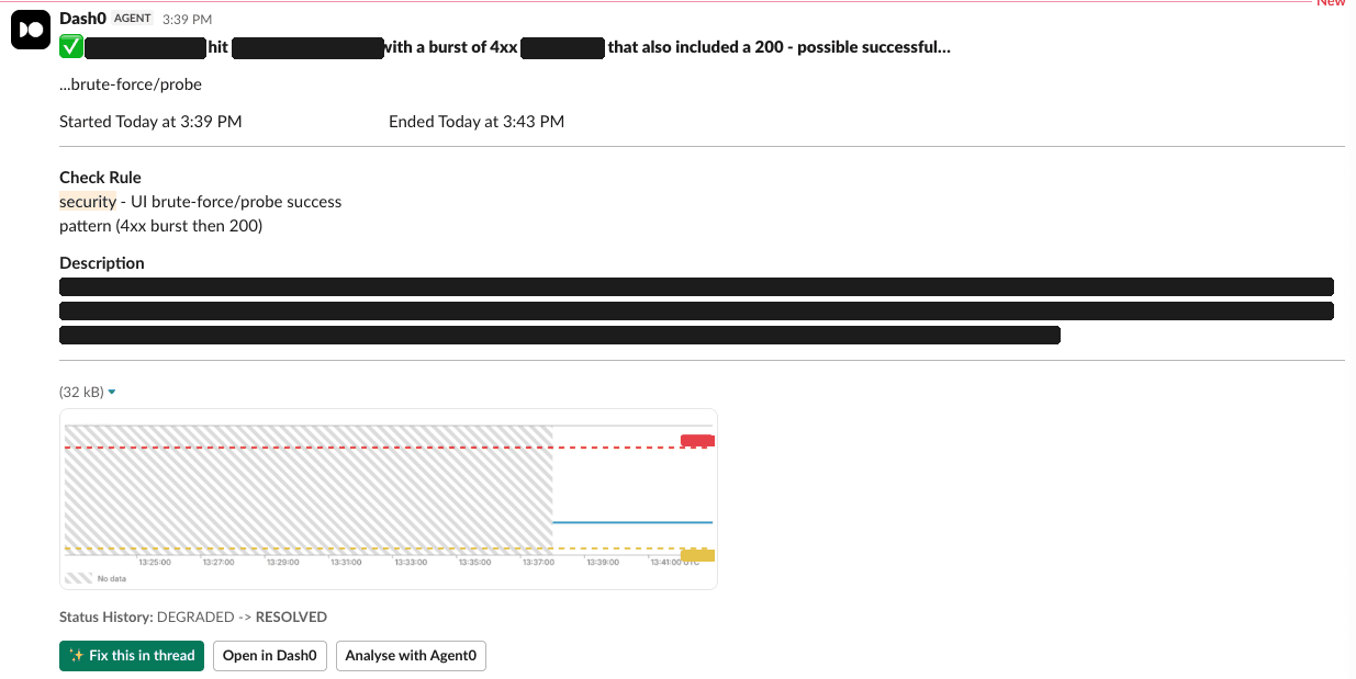 Agent0 alert in Slack for a 4xx burst followed by a 200