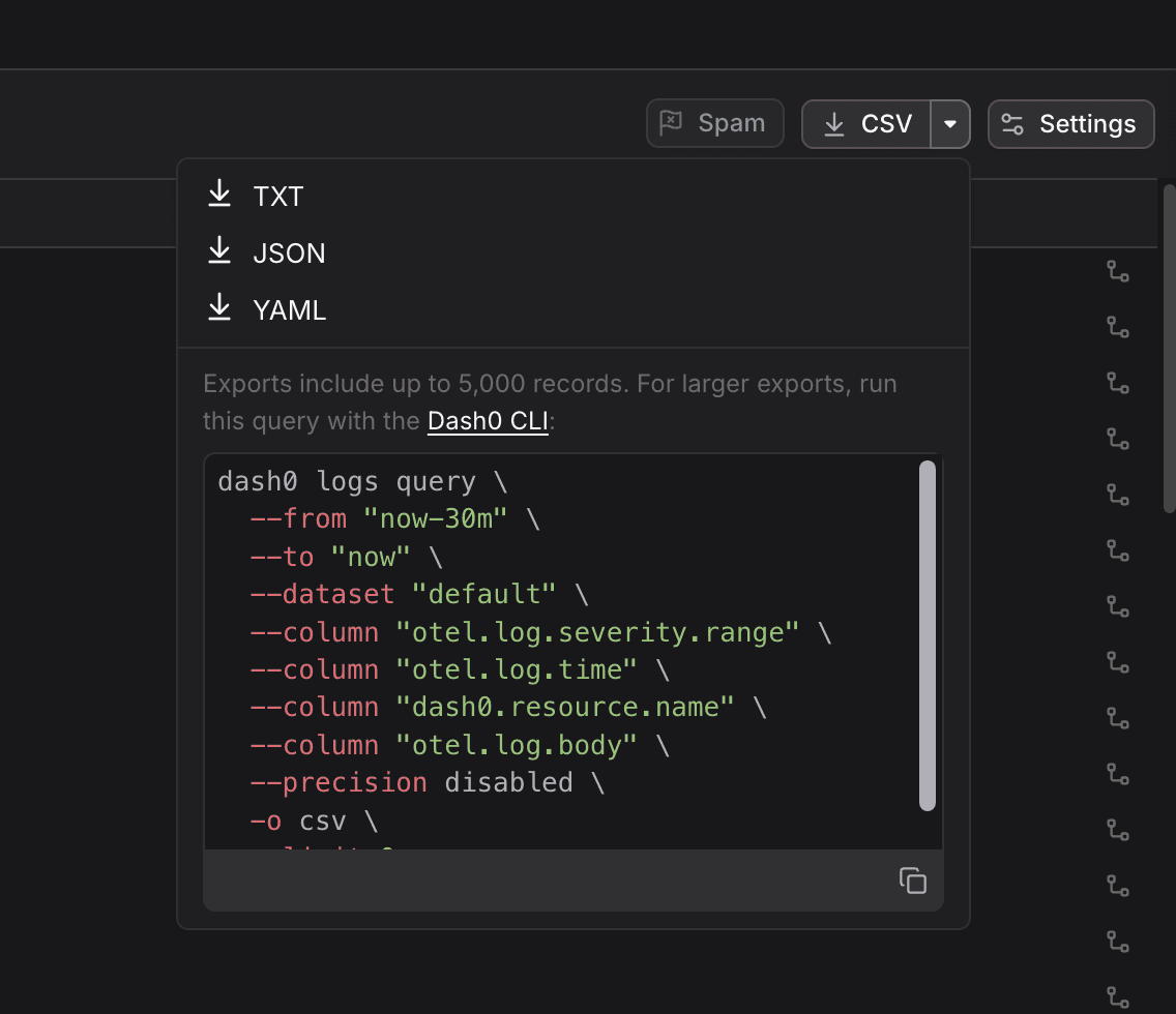 The Log Explorer table header with a CSV export button and its open menu, listing TXT, JSON, and YAML downloads above the 5,000-record cap and a copyable Dash0 CLI command for the active query.