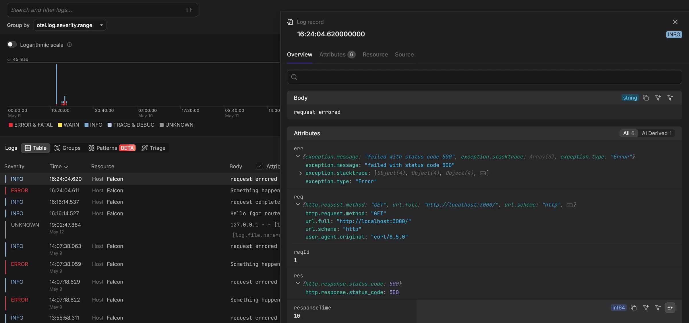 Dash0 interface showing Pino logs