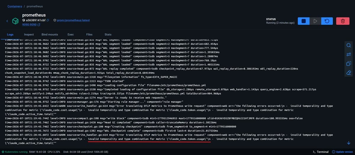 Prometheus shows an error when you send OTLP delta metrics without enabling the otlp-deltatocumulative feature flag