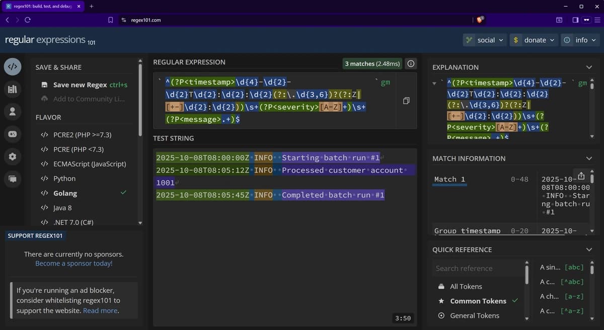 Regex101 being used to test OpenTelemetry Collector regular expression in Golang flavor