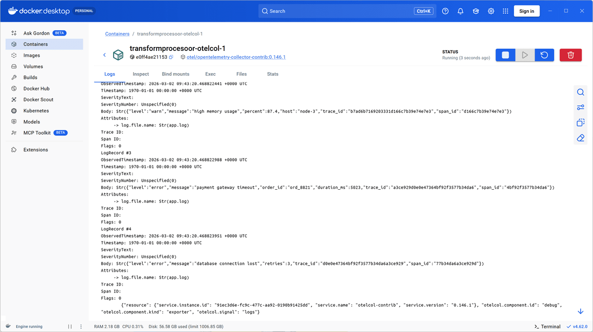 Docker desktop showing transformed logs through the debug exporter