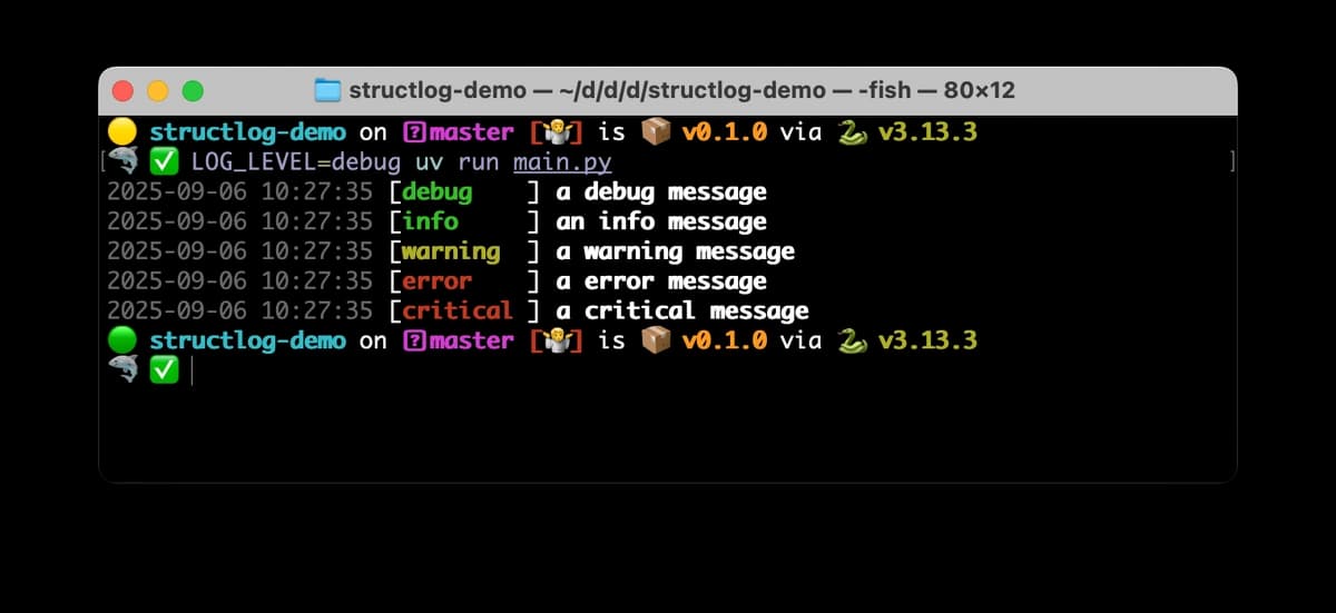 Colorized log messages are rendered in development environments