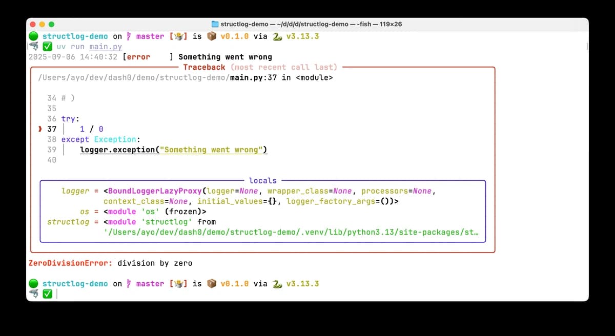 Colorful Python tracebacks with Structlog and Rich