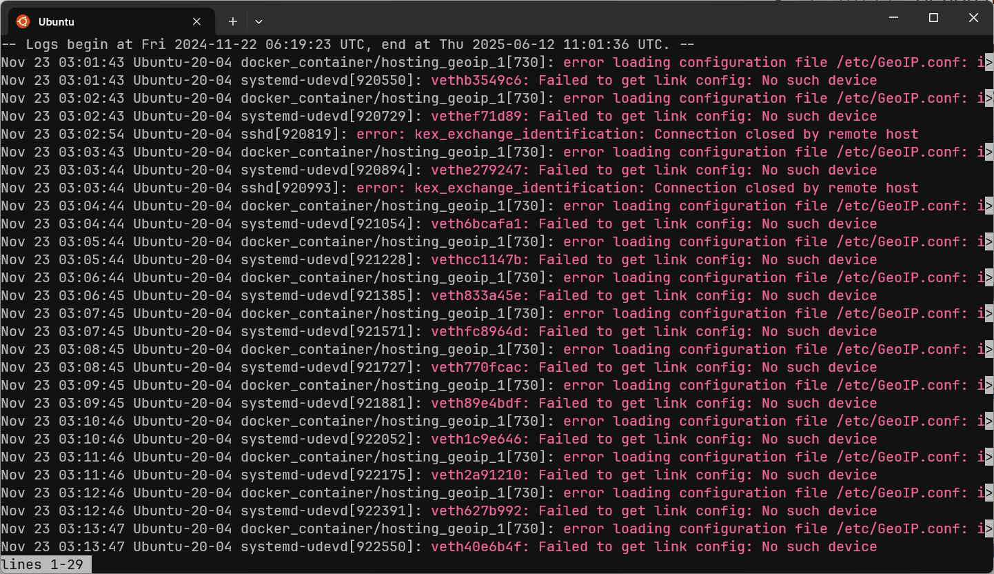 journalctl screenshot showing errors