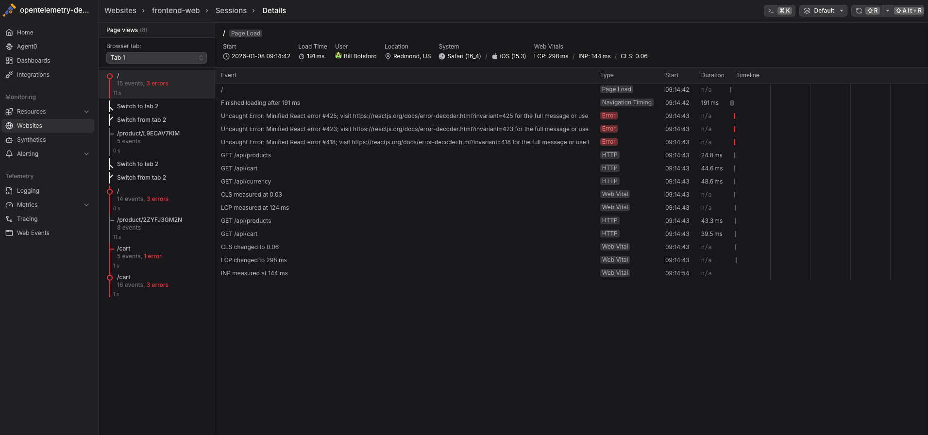Session details view in Dash0 showing a single user session with page loads, navigation events, API requests, Web Vitals measurements, and multiple JavaScript errors, correlated with device, browser, location, and timing.