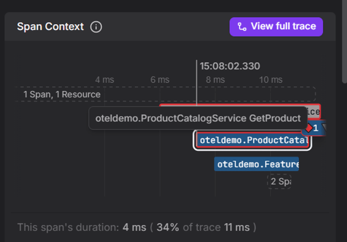 Span context for the ProductCatalogService GetProduct operation with a button to open the full trace.